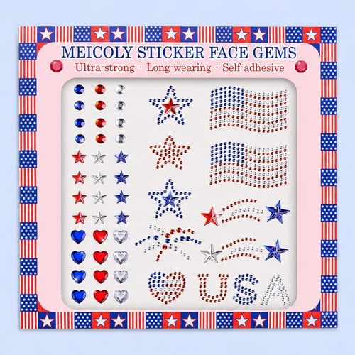 4th of July Face Gems Stickers, Self-Adhesive Rhinestones