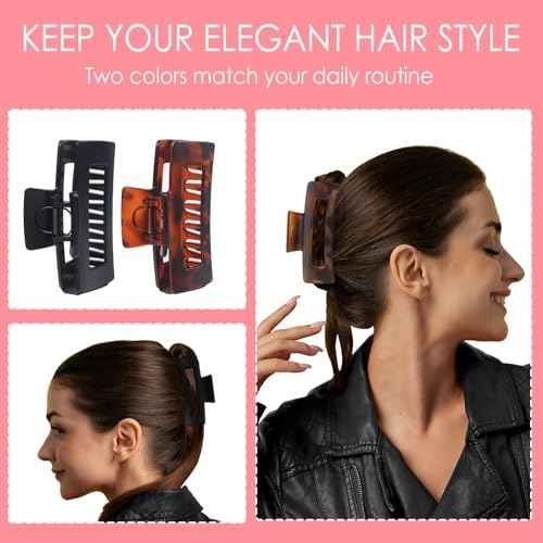 Claw Clip for Women, 4.3" Large 360¡Æ Grip Butterfly Spring Hair Clip, Matte Claw Clips 2 Pack - Strong Hold Rectangle Clips, Durable for Thick Hair, Black & Tortoise