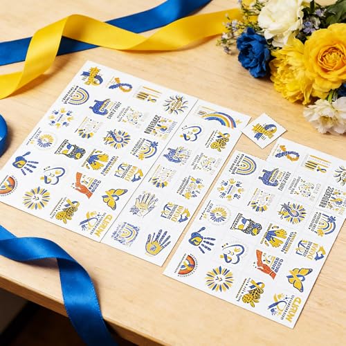 Landhoow 240 Pcs Down Syndrome Awareness Tattoos Temporary Glitter Blue Yellow Ribbon Stickers Boys Girls Tattoos Body Stickers for Prevention of Down Syndrome Favor Charity Campaign Supplies