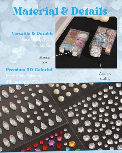 Face Glitter Gems Kit: 6 Glitter Gels & 4 Gem Sheets with Tools