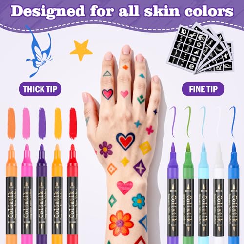 Temporary Tattoo Markers Kit – 16 Colors & 80 Stencils