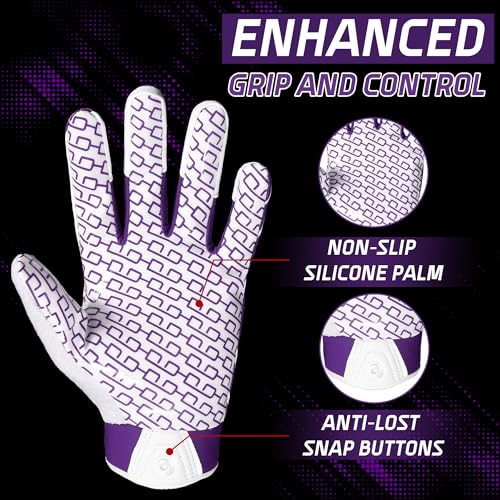 HANDLANDY Football Gloves Youth, Sticky Kids Receiver Gloves for Boys Girls, Stretch Fit Flag Football Gloves (White and Purple, X-Small)