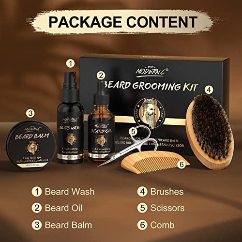 POP MODERN.C Beard Growth Kit Beard Grooming Kit 6pcs Beard Wash Shampoo Beard Oil Beard Balm Beard Comb Brush Scissors