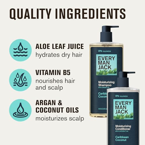 Every Man Jack Men's Shampoo and Conditioner Set - Caribbean Coconut - Made w/Plant Powered Moisturizing Ingredients like Coconut & Argan Oil - 16 fl oz (2 Pack)