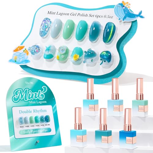 Double Rhythm 6 Pcs Gel Nail Polish Set - Mint Green Cat Eye & Glitter