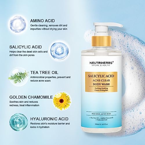 Neutriherbs Acne Body Wash, Anti Acne/Prone Skin Shower Gel For Women And Men, Daily Shower Soap With Salicylic Acid - Grapefruit Scent 16.9 Fl.Oz
