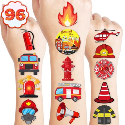 100 PCS Firetruck Fire Truck Firefighter Fireman Temporary Tattoos Themed Birthday Party Decorations Supplies Favors Decor Firehouse Stickers Cute Gifts for Games Boys Girls School Rewards Carnival