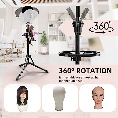 EBLIKI Wig Head Stand Tripod - Reinforced Wig Mannequin Stand, Adjustable Height 31" - 57" Wig Stand for Styling, Cosmetology Hairdressing Training with Wig Caps, T-Pins Hair Clips