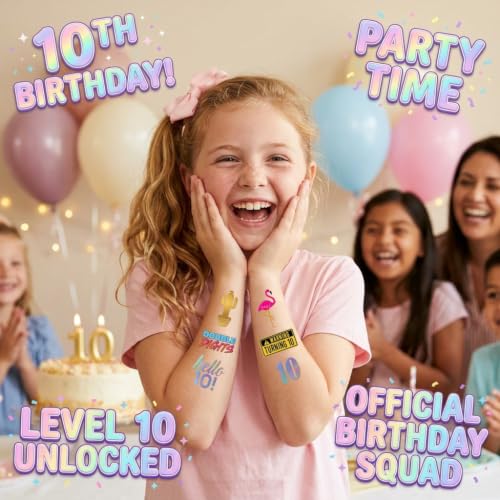 10th Birthday Temporary Tattoos - 4 Waterproof Sheets
