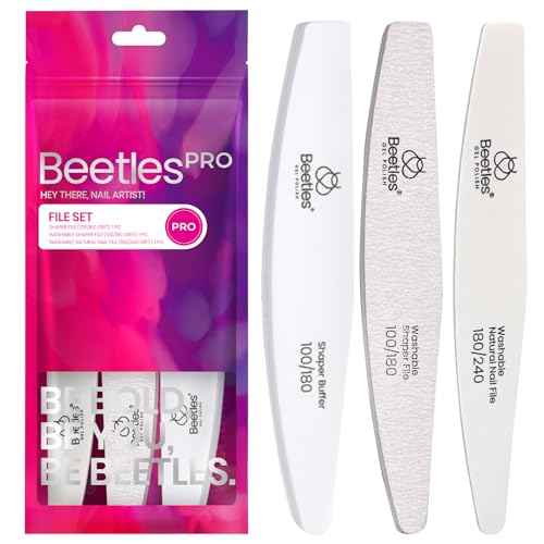 Beetles Pro 3-Pcs Nail File Nail Buffer - Professional 100/180/240 Grit Nails Files and Buffers Double Sided Washable Shaper Files for Acrylic, Gel & Natural Nails ? Salon Quality Manicure Tool