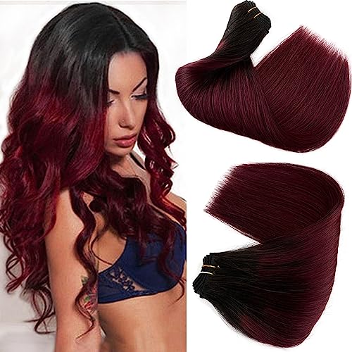 1B99J Sew in Hair Extensions Real Human Hair Wine Red Bundles Burgundy with Dark Roots Hand Tied Weft Hair 100g 16Inch Double Weft Silky Straight Ombre Sew in Hair Bundles for Women
