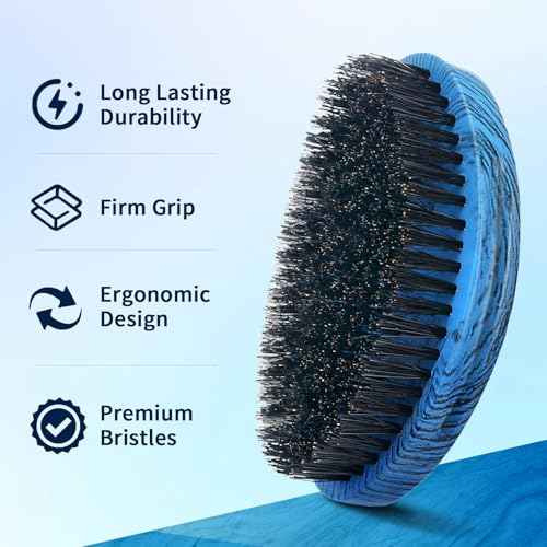 360 Curved Wave Brush For Men & Beard - Medium Hard Palm Wave Hair Brushes Wave Styler Great for Wolfing - Made with Beech Mix Boar & Nylon Bristle Brush for Barbers & Daily Use Black Hair (Blue)