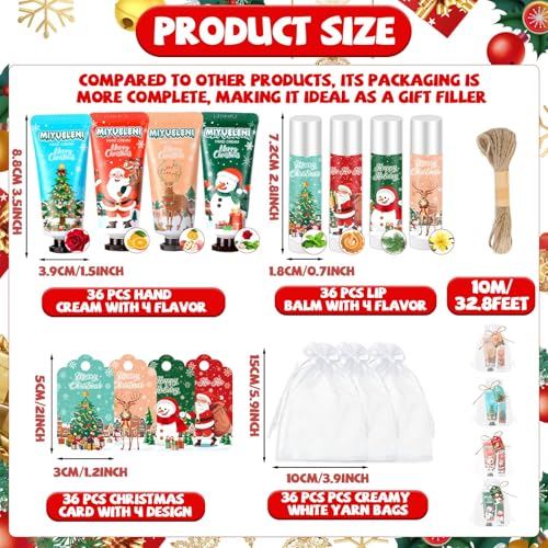 144 Pcs 36 Sets Christmas Hand Cream and Lip Balm Gift Bulk Set,Moisturizing Lip Balm Hand Lotion with Organza Bag Xmas Card, Holiday Birthday Party Favors Stocking Stuffers Gifts for Women