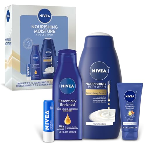 NIVEA Skin Care Set For Her, Nourishing Body Wash, Moisturizing Body Lotion, Lip Balm Stick with Shea Butter, & Multi Purpose Face, Body & Foot Cream, 4 Piece Gift Set