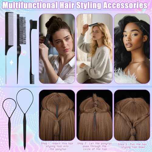 7Pcs Hair Finishing Stick Set with 1Pcs Slick Back Brush,1Pcs Fly Away Stick for Hair,50PCS Bobby Pins,400Pcs Elastic Rubber Bands