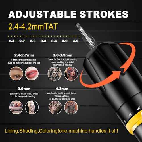KVM Tattoo Gun Kit,Wireless Tattoo Machine,7 Adjustable Stroke Options,Shorter Body Design,1500mAh Power Supply (Tattoo ink is for tattoo practice only)