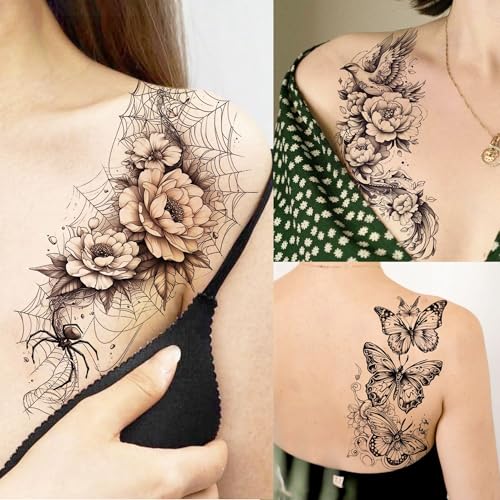 71 Sheets Rose Peony Flower Temporary Tattoos For Women Adults, Black Florals Half Arm Sleeve Realistic Temp Bulk Fake Tattoo Stickers Butterfly Ship Bee Carp Turtle Elephant Whale Spider Web Skull