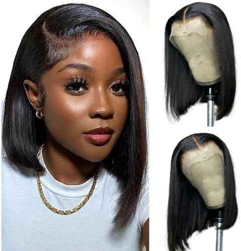 DYTJHMGL Short Bob Human Hair Wig - 250% Density Pre-Plucked Bone Straight HD Lace Front with Bleached Knots, 10 Inch