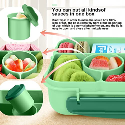 Demiue Lunch Box Kids,Bento Box Adult Lunch Box, Bento Lunch Containers for Adults/Kids/Toddler,5 Compartments with Sauce Vontainers,Microwave & Dishwasher & Freezer Safe,BPA Free(Green)