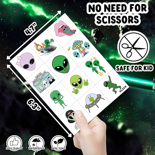 96PCS Alien Pre-Cut Temporary Tattoos for Kids ? Space Theme Birthday Party Favors Supplies, UFO Outer Space Decorations, Galaxy Stickers for Boys Girls Toddlers Halloween Christmas (Normal)