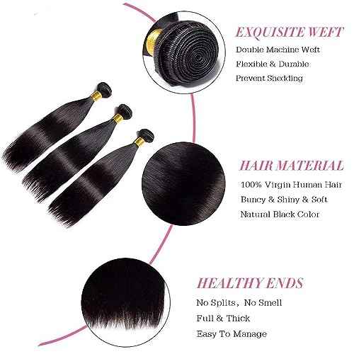Straight Human Hair 3 Bundles 16 18 20 inches Brazilian Virgin 100% Unprocessed Straight Hair Weave Bundles Human Hair Natural Black Color Hair Extensions