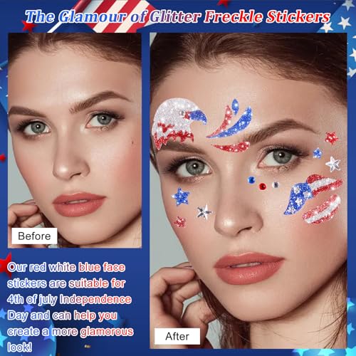 Boko 4th of July Patriotic Glitter Face Stickers, 4Pcs Red White Blue Temporary Tattoos, Self Adhesive Art Sticker Face Tattoos for Independence Day Memorial Day Veterans Day Flag Rave Party
