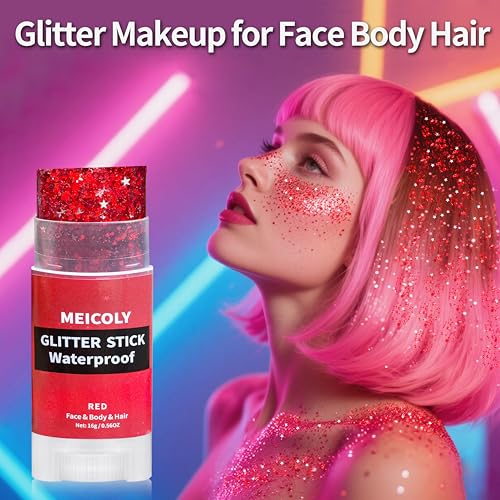 MEICOLY Red Hair Glitter Stick for Face Body & Hair Makeup, Waterproof Shimmer