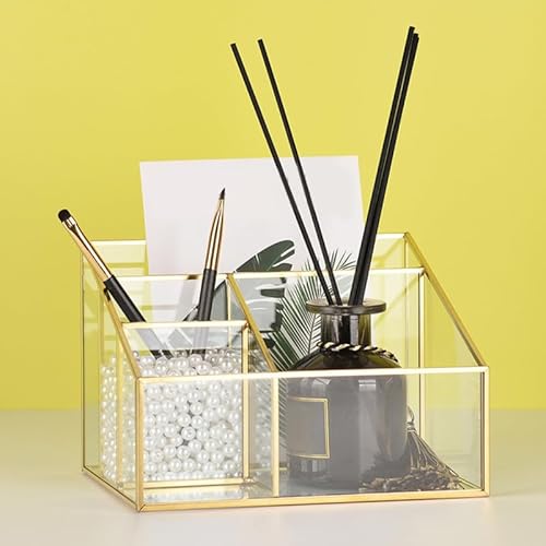 Alipis Glass Makeup Organizer with Gold Trim, Multi-Functional Cosmetic Storage Case for Vanity, Lipstick, Jewelry, Makeup Brush, Eyeliner Holder, 7.67 X 5.70 X 5.11 Inches
