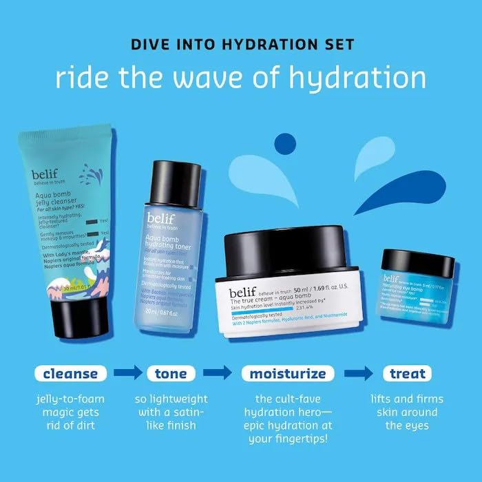 belif Aqua Bomb Dive Into Hydration Set | Korean Skin Care | Korean Moisturizer | Makeup Remover | Korean Toner | Eye Cream | Value Set | Gift Set | Aqua Bomb, Cleansing Balm, Hydrating Toner,Eye Bomb