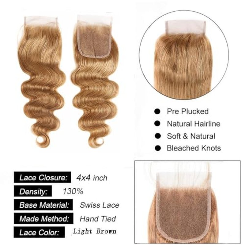 #27 Blonde Lace Closure 4x4 HD Transparent Body Wave Human Hair