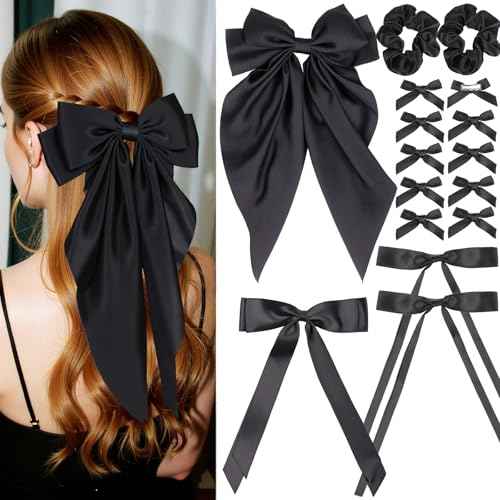 YGDZ 16PCS Black Hair Bows Set, Silky Satin Oversized Bow for Women, Large, Medium, Small Ribbon Bows, Black Hair Scrunchies, Hair Accessories