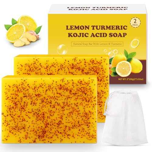 Lemon Turmeric Kojic Acid Soap Bar, Turmeric Soap Bar with Vitamin E for Dry Sensitive Skin, Lemon Soap for Face, Body Hands 2 Bars