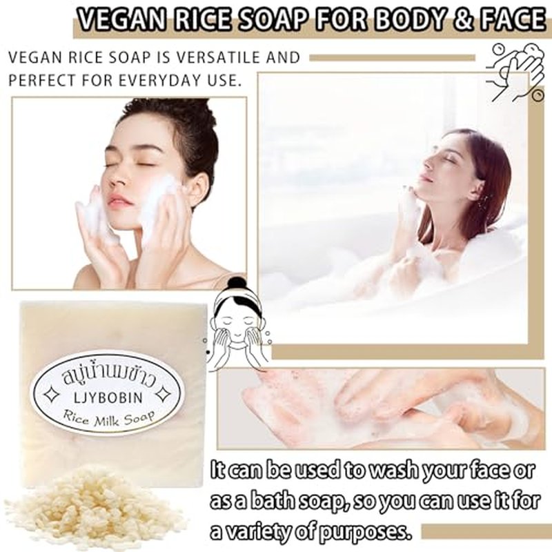 4PCS Vegan Rice Soap for Body & Face,Gentle Long-lasting Moisturizing Rice Milk Soap for All Skin Type,Deep Cleaning Rice Handmade Soap Bar for Men & Women
