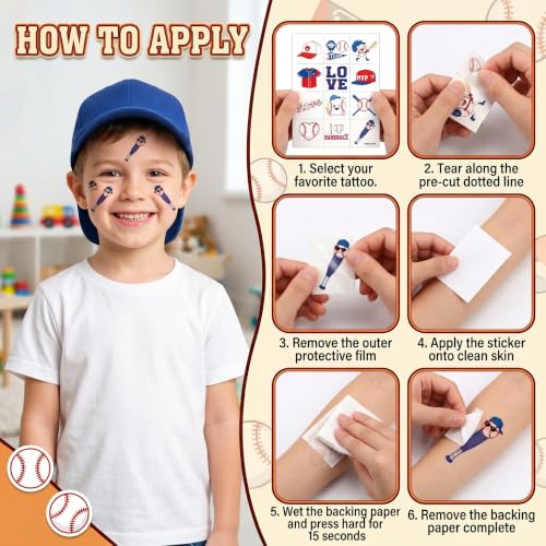 96 Pre-Cut Baseball Temporary Tattoos for Kids