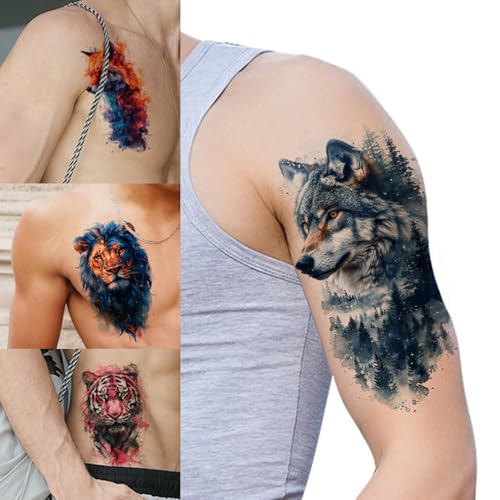 GLARYYEARS Temporary Tattoos for Men, 24-Pack Large Fake Tattoos, Long-lasting Animal Tattoos, Wolf Lion Snake Design Variety Pack Realistic Tattoos 3D, Cool on Half Arm Leg Back Body