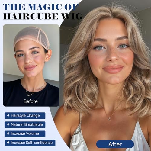 HAIRCUBE 13x6 HD Lace Front Wig 16-Inch Wavy Synthetic Hair - Mixed Ash Blonde, Model #KN814
