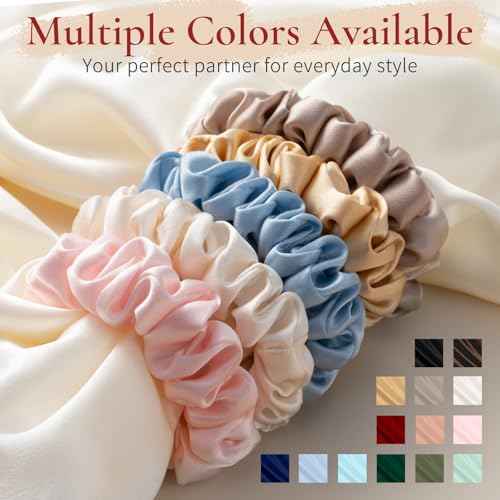 Silk Hair Ties 6A 100% Mulberry Silk Scrunchies 22 Momme Small Sleep Ties and No Damage No Crease for Women Girls Curly Thick Thin Hair, Christmas gift (Red & Dark green & Beige)