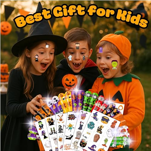 144PCS Halloween - 72 Temporary Pre-Cut Tattoos & 72 Slap Bracelets Halloween-Themed Birthday Supplies, Baby Shower Gifts, Classroom Rewards & Party Decor for Kids (Boys & Girls)