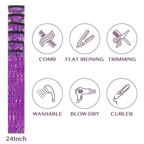 IDN BEAUTY Hair Tinsel Clip in, 6pcs Purple Sparkling Tinsel Hair Extensions 3s Wear and Go for Party Daily Travel Birthday, 24Inch Hair Accessories for Girls Women Kids