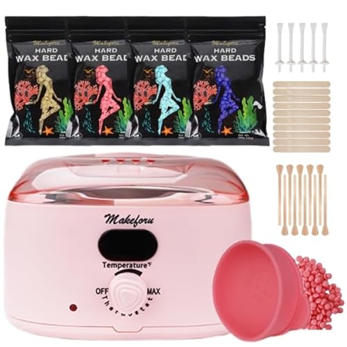 Brazilian Waxing Kit - Bikini & Full Body Hair Removal with Digital Warmer, 4 Scented Wax Beads & 27 Silicone Tools - Home Waxing for Women & Men, Face & Body Care (Pink)