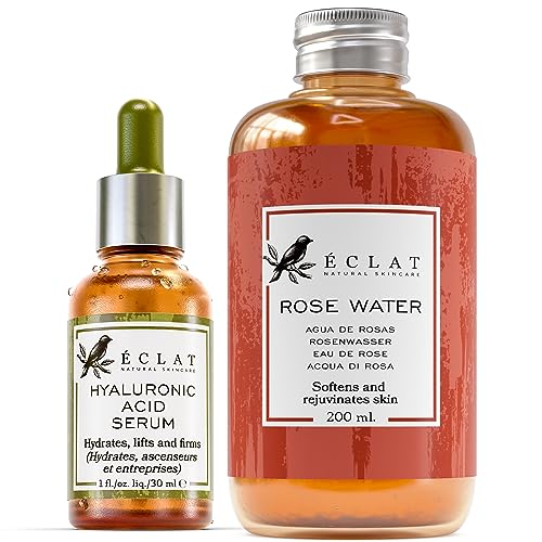 Eclat Skincare Unclog & Hydrate - Rose Water Toner and Hyaluronic Acid Serum - Combo Pack - 100% Vegan & Dermatologist Developed