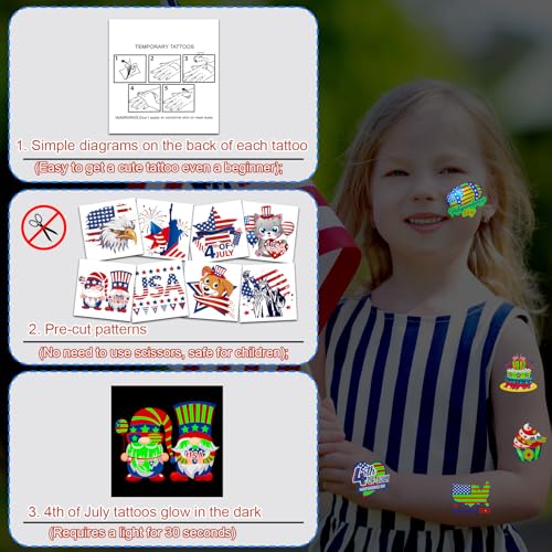 HOWAF 96pcs Glow in The Dark 4th of July Temporary Tattoos for Independence Day USA Patriotic Party Decorations, American Themed Luminous Face Tattoos for July 4th Party Favors Goodie Bag Fillers