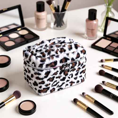 Plush Travel Makeup Bag Toiletry bag for Women Soft Fluffy Cosmetic Bag Portable Foldable (Beige Leopard)