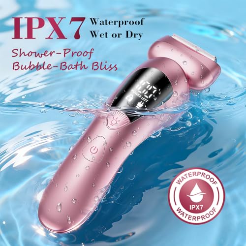 Cordless Electric Razors for Women: Rechargeable Painless Bikini Trimmer for Body Hair - IPX7 Waterproof Shaver with LED Display for Face/Underarm/Leg Blush Pink