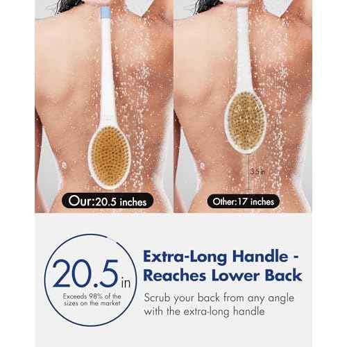 Back Scrubber Body Shower Brush: 20.5¡®¡¯ Extra Long Anti Slip Handle Bath Brush with Stiff and Soft Bristles - Showering Exfoliator Wet or Dry Brushing for Women, Men, Elderly (Blue)