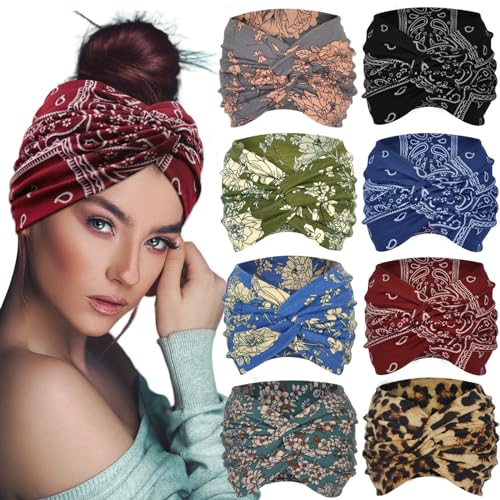 Boho Extra Wide Headbands for Women - 8 Pack