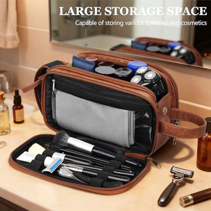 Mens Leather Toiletry Bag Waterproof Travel Organizer