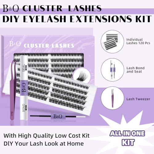 Lash Clusters Kit 120 PCS Eyelash Extension Kit 10-16 Mixed DIY Lash Extension Kit C D Curl Eyelash Clusters Kit with Super Hold Lash Bond and Seal Individual Lashes Kit for Beginners (Kit,DV02)