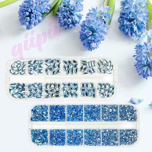 Light Blue Rhinestones for Nails Multi Shapes Crystal Flatback Rhinestones Gems Round Beads Glass Stones Diamonds Jewels w Wax Pen for Faces Eyes Makeup Crafts