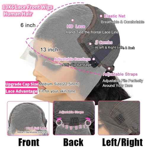 Dianthe 34 Inch 13x6 Deep Wave Lace Front Wigs Human Hair HD Lace frontal Curly Human Hair Wig for Black Women 180% Density Wet and Wavy Glueless Wigs Human hair Pre Plucked with Baby Hair